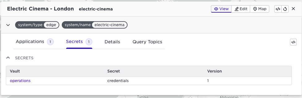 Screenshot of the Avassa Control Tower UI showing secrets distributed to a site.
