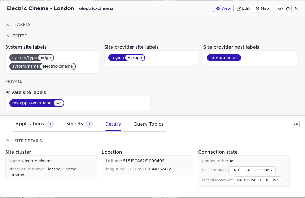 Screenshot of the Avassa Control Tower UI showing site details and labels.