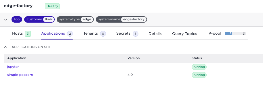The image shows the "Applications on Site" section for the "edge-factory" site, with "Jupyter" and "simple-popcorn" running applications