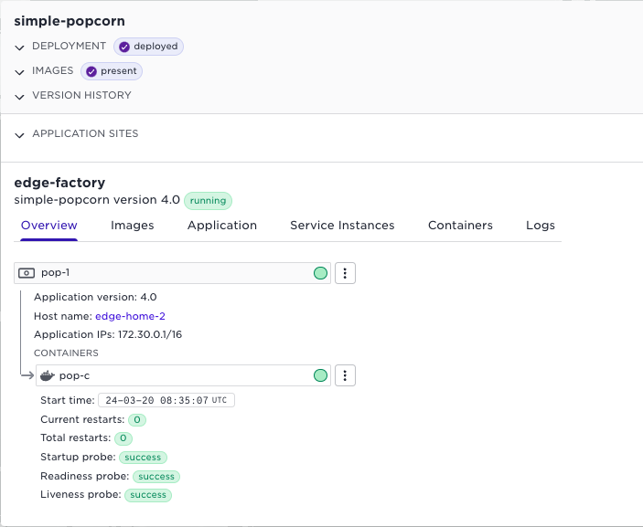 The image shows the overview of the "simple-popcorn" application version 4.0 running on the "edge-factory" site, with details on the host, containers, and probes.