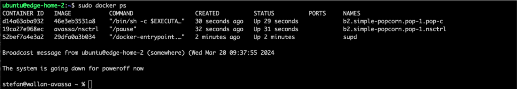 Docker containers running before system shutdown broadcast on Ubuntu terminal.