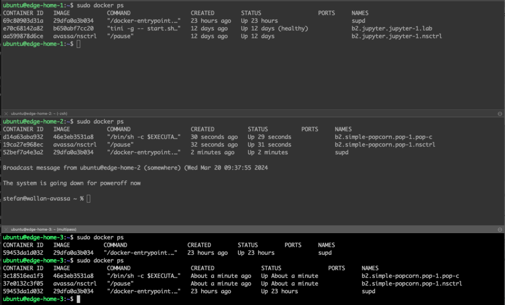 Docker containers listed on two hosts with statuses, ports, and names; system on edge-home-2 is shutting down.