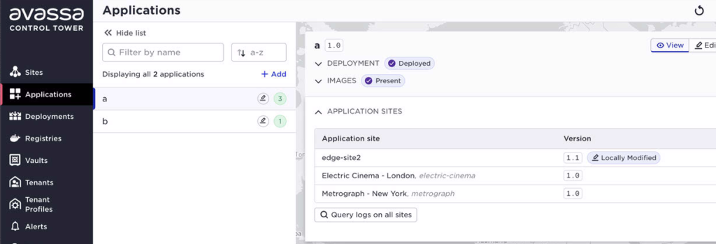 The image shows an application management interface displaying deployed applications, including "Electric Cinema - London" and "Metreograph - New York."