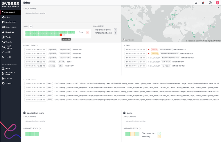 Screenshot of the Avassa Edge dashboard, showing site status, application status, and call home status.