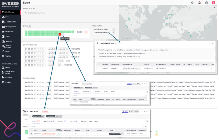 Drill-down view from the Avassa Edge dashboard, showing details of site call home status and unclaimed hosts.