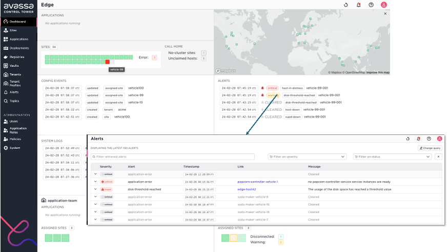 Alerts log view from the Avassa Edge dashboard, showing application and system alerts.