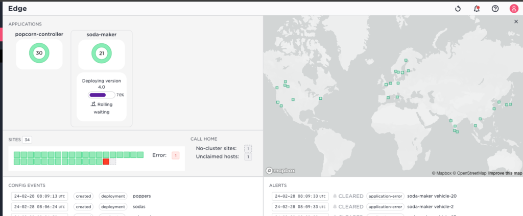 Avassa Edge dashboard showing application deployment status (popcorn-controller and soda-maker) and site health.