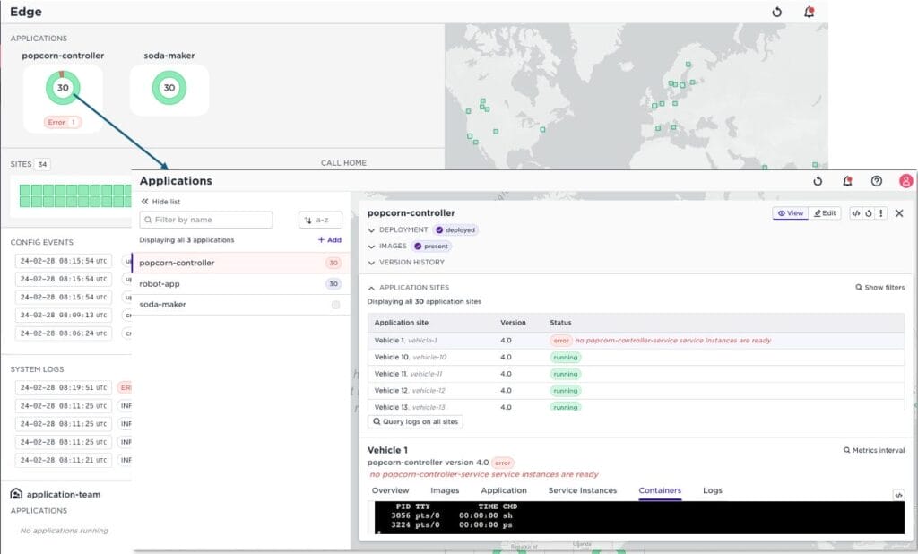Drill-down view showing troubleshooting information for an application on a specific site.