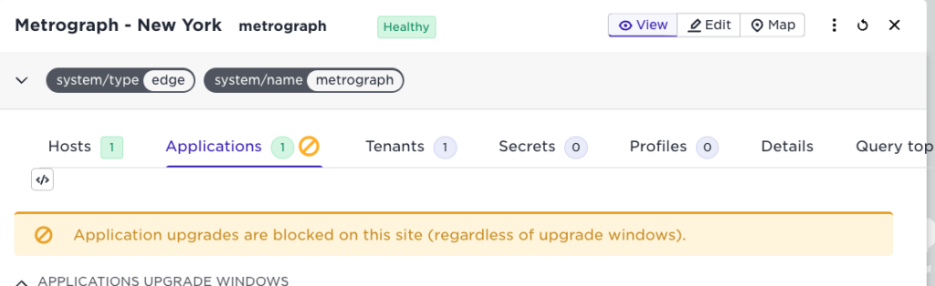 Avassa UI showing a message indicating application upgrades are blocked on the site.