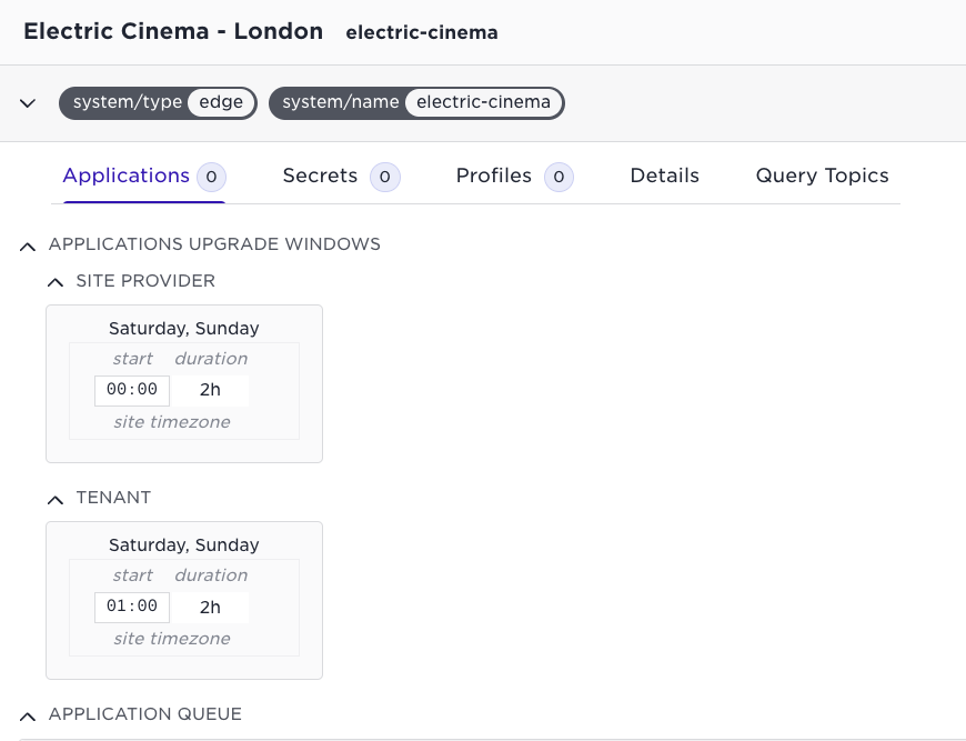Avassa UI displaying site provider and tenant application upgrade windows.