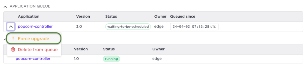Screenshot of Avassa UI highlighting the 'Force upgrade' option for an application.