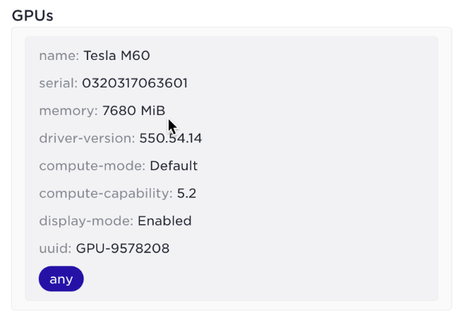 GPU details panel showing Tesla M60 with 7680 MiB memory, driver 550.54.14, compute capability 5.2, and display enabled.