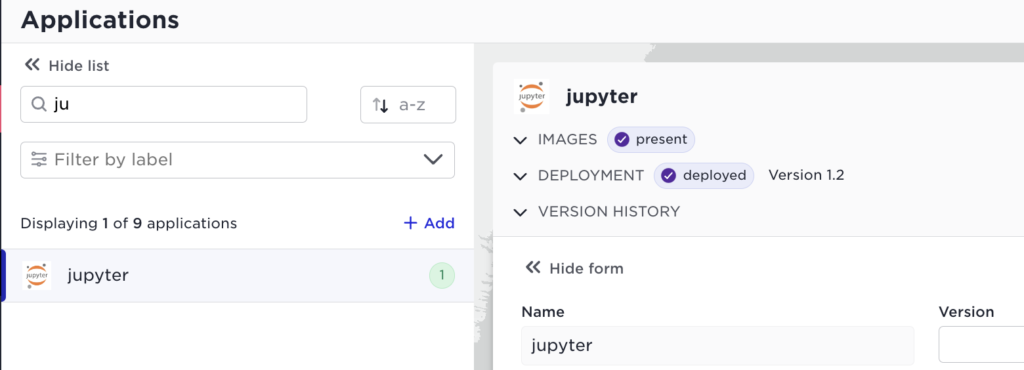 UI showing the Jupyter app is present and deployed (version 1.2) in an applications dashboard, filtered by "ju".