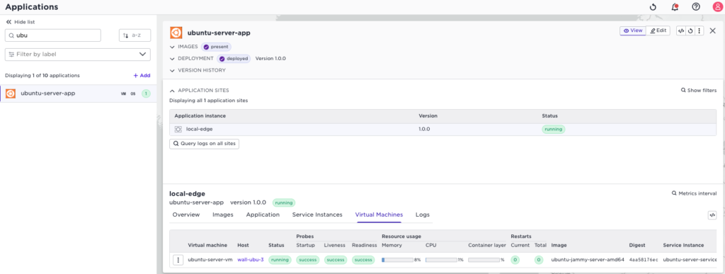 Ubuntu-server-app deployed to local-edge site, showing VM status, resource usage, and service instance details.