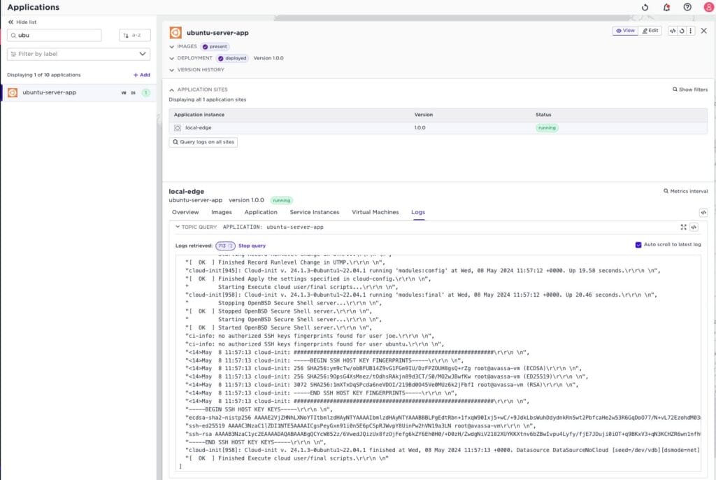 Ubuntu VM running at an edge site with built-in monitoring metrics and remote access to VM logs via Avassa deployment mechanisms.