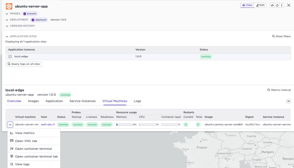 Dashboard showing running Ubuntu server app with VM status, resource usage, and service instance details.