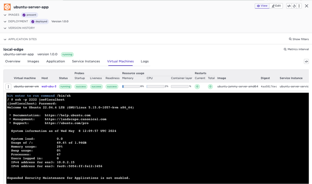 Ubuntu server app v1.0.0 running on local-edge with VM ubuntu-server-vm active, 69.6% disk used, 29% memory used, and 0 restarts.