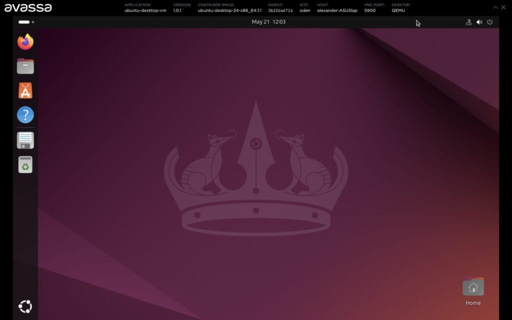Avassa interface displaying an Ubuntu virtual machine running in a QEMU environment with application details at the top.