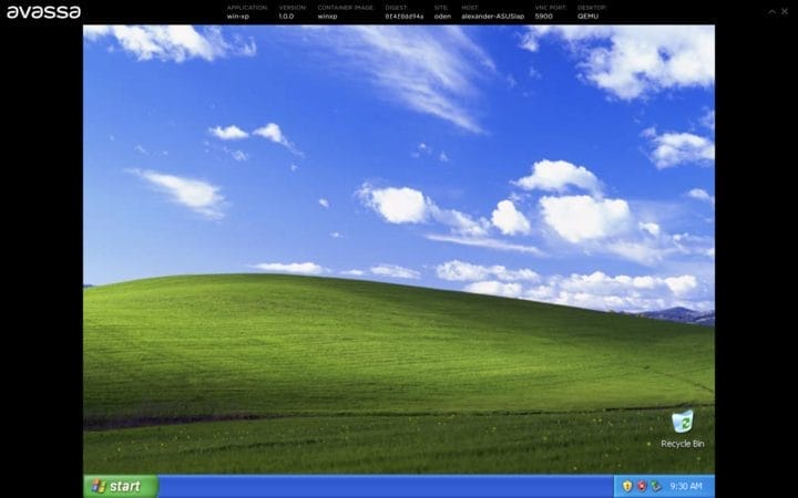 A virtualized Windows XP desktop is running inside an Avassa interface, showing the classic Bliss wallpaper and Start menu.