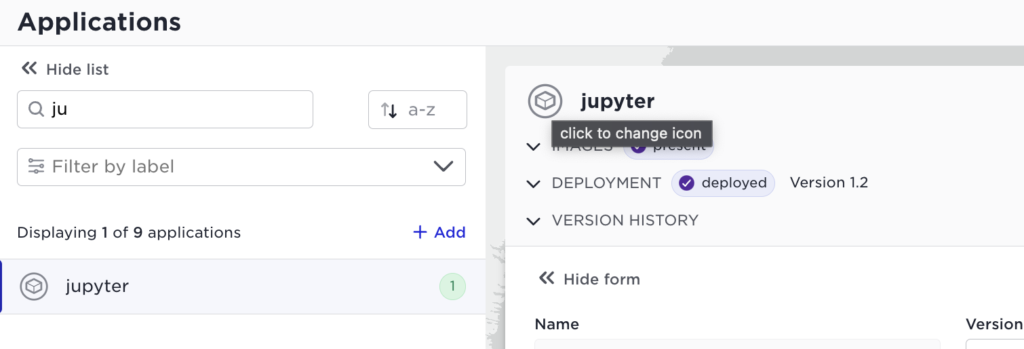 Applications dashboard showing the Jupyter app, deployed with version 1.2, and an option to change its icon.