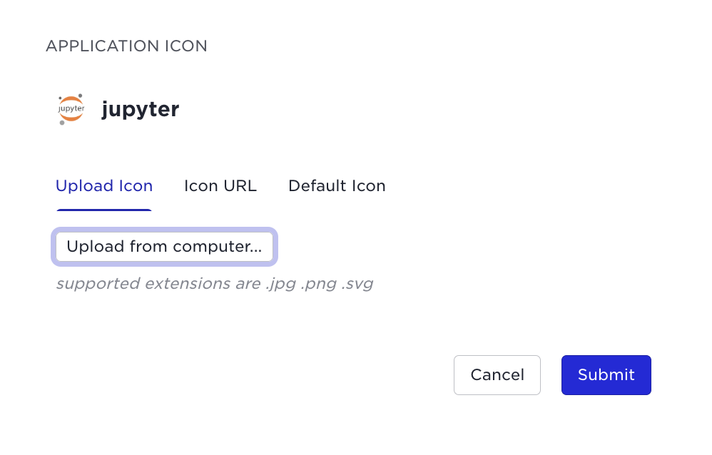 Interface for uploading an application icon, showing Jupyter icon selected with options to upload from a computer or via URL.