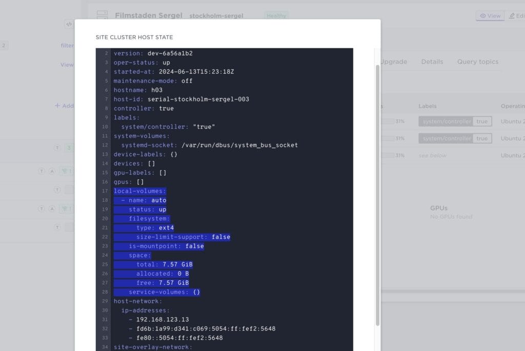 Site Cluster Host State window showing host h03 with version dev-6a56a1b2, controller status, ext4 file system, 7.57 GiB total volume, and network IPs.