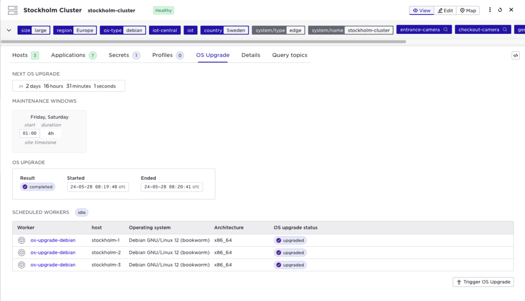 Stockholm Cluster dashboard showing OS upgrade status. All three workers have been successfully upgraded to Debian GNU/Linux 12 (bookworm).
