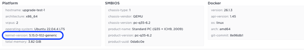 Using the host details menu in Control Tower, you can see the OS version before the update. This is the 'before' version.