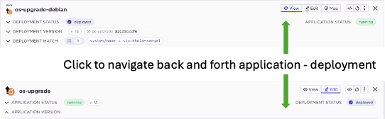 Interface showing application and deployment status with navigation arrows and instruction to click to switch views.