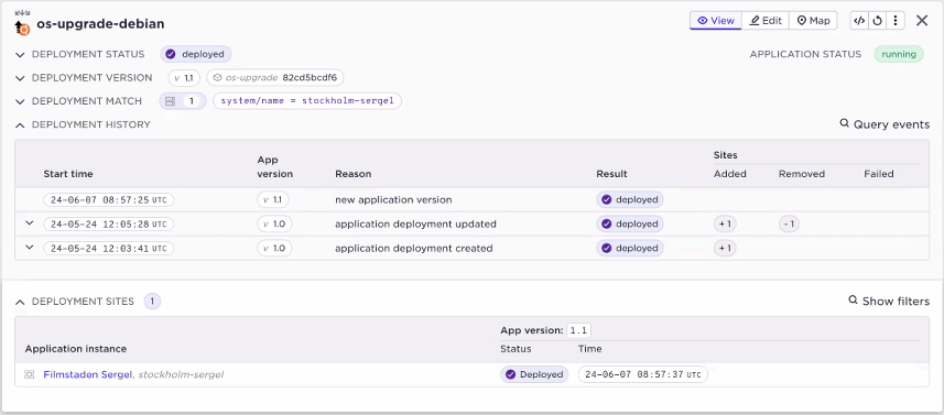 Deployment status at the edges showing version 1.1 deployed, along with container hash or tag during an OS upgrade deployment.
