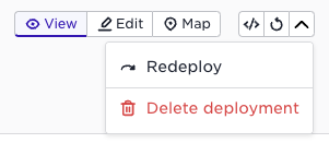 Dropdown menu with options to redeploy or delete deployment, next to View, Edit, and Map buttons.
