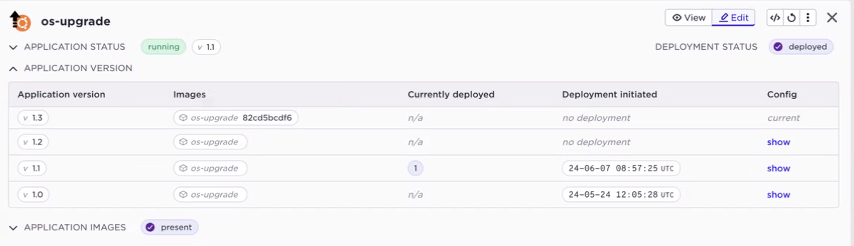 The image shows the deployment status screen of an application named os-upgrade in a control panel UI.