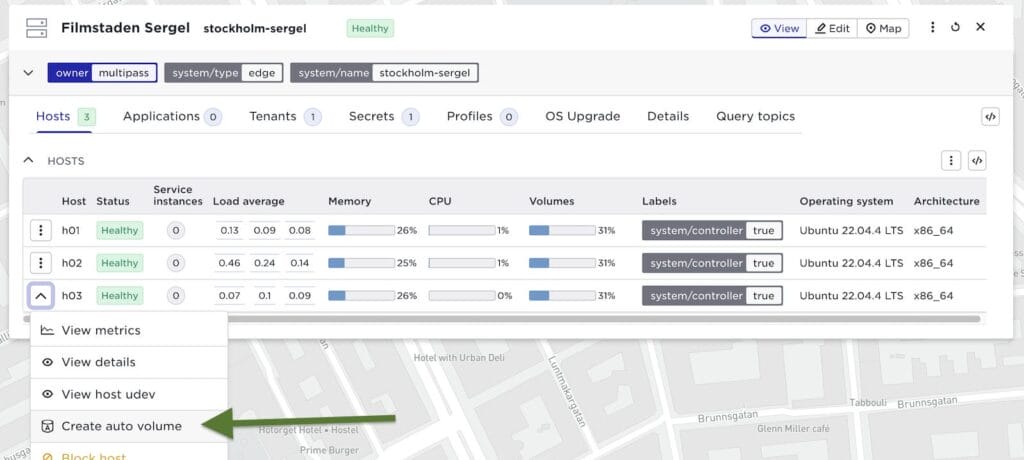 Avassa platform UI showing the host menu with the auto volume activation option and filesystem path creation for /var/lib/supd/volumes/_auto.