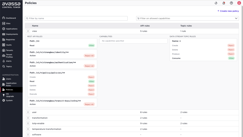 Screenshot of Avassa's policy management interface, showing a list of policies with details like API rules and topic rules.