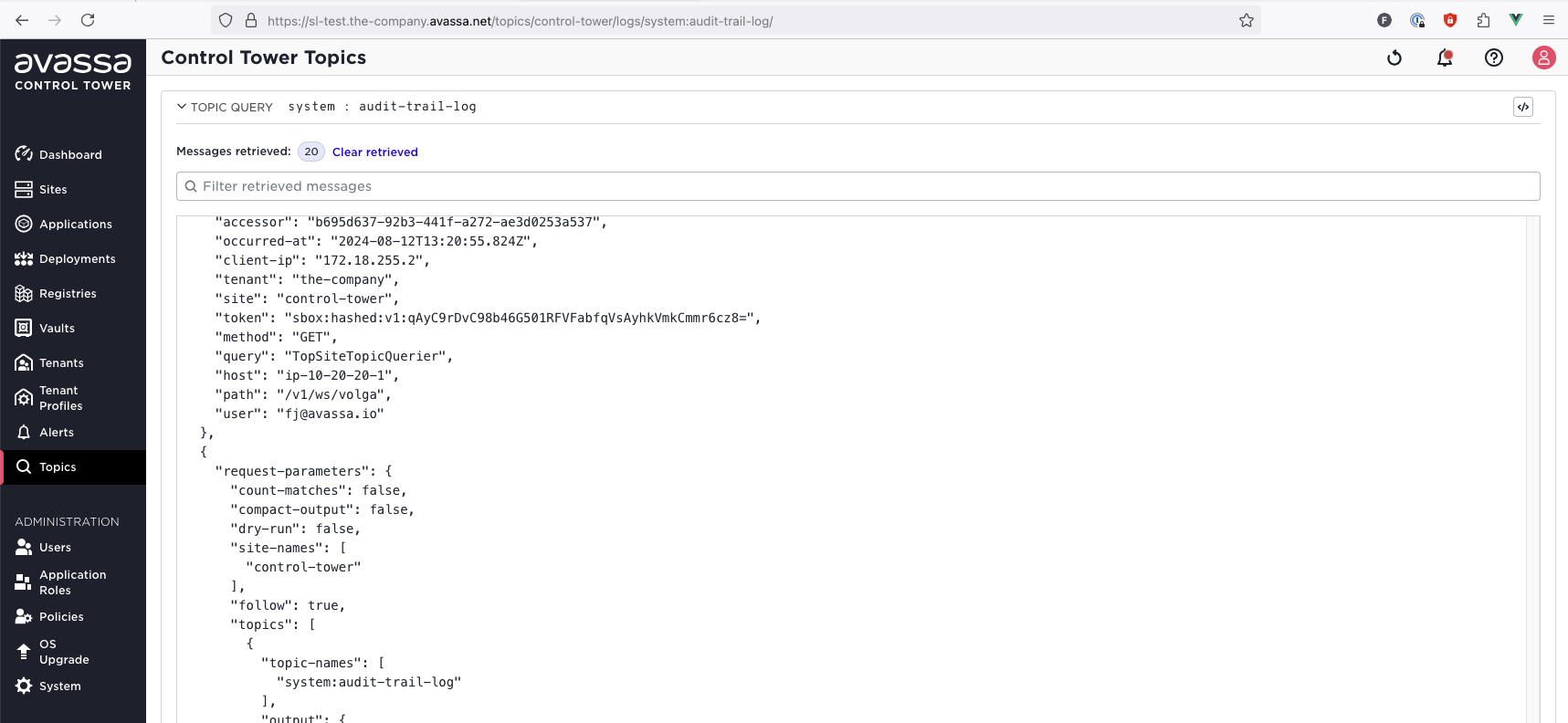 Screenshot of Avassa Control Tower topics, displaying API interactions logged for auditing purposes.