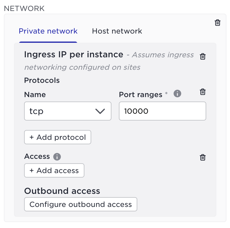 Screenshot of Avassa's network configuration, showing how to whitelist port 10000 for ingress traffic.