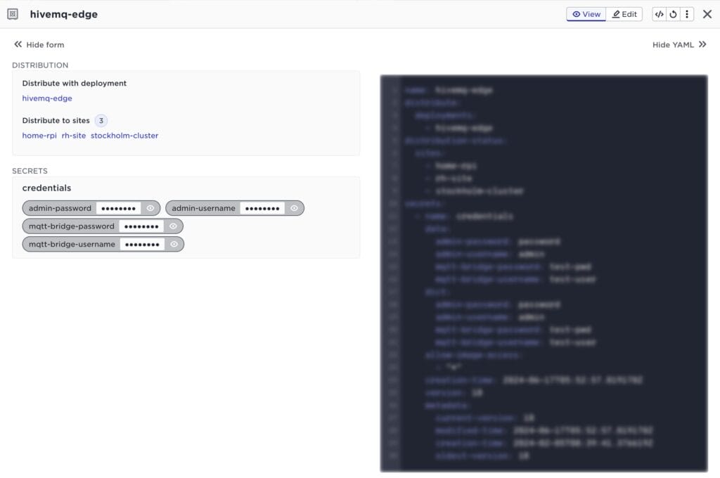 Screenshot of the Avassa platform showing a vault named 'hivemq-edge' used to distribute application secrets.