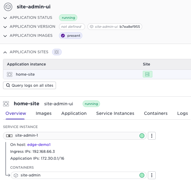 Screenshot of the Avassa Control Tower UI showing the site-admin-ui application running at home-site and its ingress address.