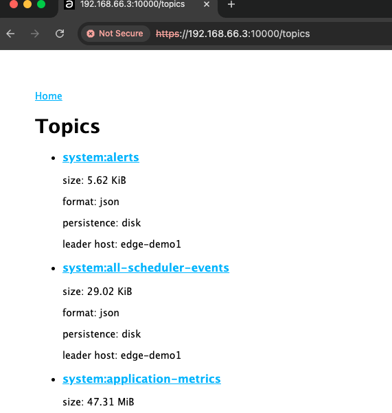 Screenshot of the edge site UI displaying a list of topics, including system alerts and scheduler events.
