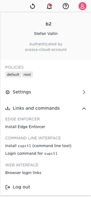 Screenshot of the Avassa Control Tower user menu, highlighting the 'Links and commands' section for login guidance.