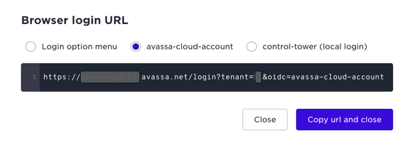 Screenshot of the 'Browser login URL' options in Avassa, showing options for login via OIDC or Control Tower internal login.
