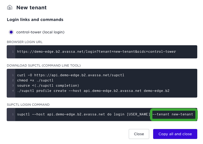 Screenshot showing login links and commands for a new tenant, including browser login URL and supctl login command examples.