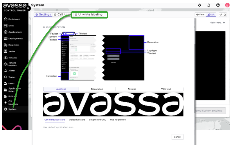 Avassa Control Tower system settings with UI white labeling options for customizing logo, decoration, favicon, and title text.