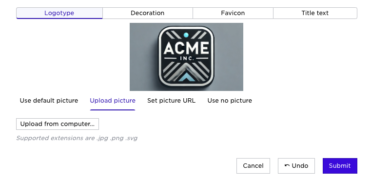 Logo upload interface displaying an ACME Inc. logo with options to use default, upload, set URL, or remove the picture.