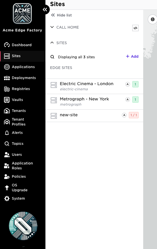ACME Edge Factory dashboard showing three edge sites: "Electric Cinema – London", "Metrograph – New York" (both healthy), and "new-site" with a 1/1 error status.