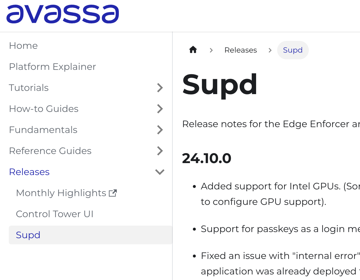 The releases section includes links to monthly highlights and detailed release notes for each release, with separate files for the Control Tower UI, Edge Enforcer, and 'supd' daemon