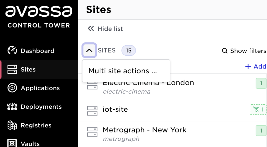 Screenshot of Avassa Control Tower UI, showing the 'Sites' menu selected and the 'Multi site actions...' option highlighted.