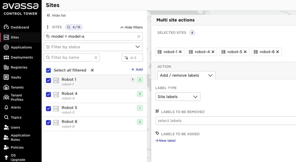 Screenshot of Avassa Control Tower UI, showing the multi-site actions interface with sites filtered by label 'model = model-a'.