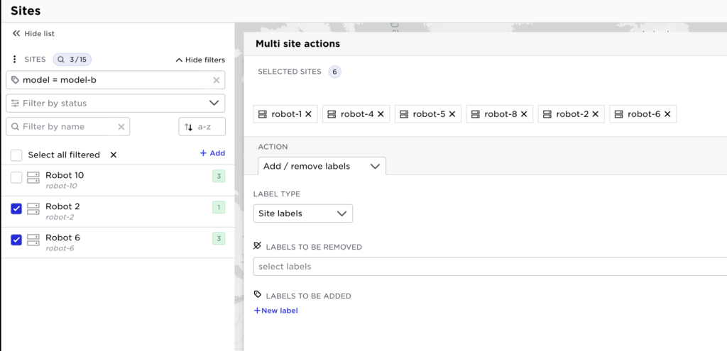 Screenshot of Avassa Control Tower UI, showing a group of selected sites (robot-1, robot-4, etc.) for multi-site actions.