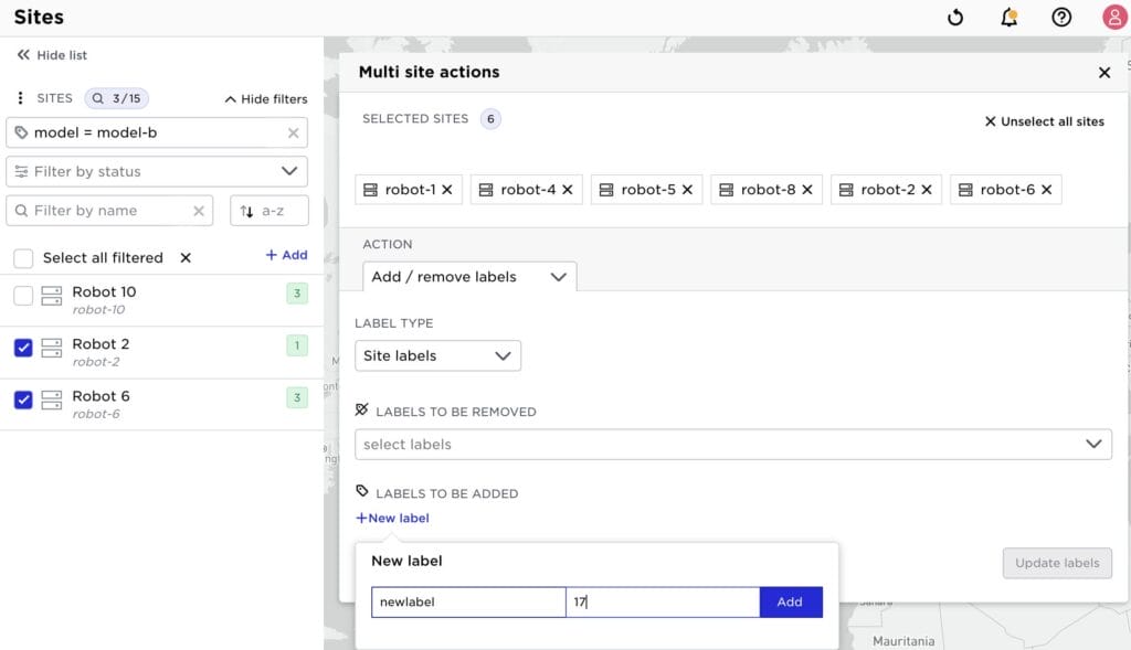 Screenshot of Avassa Control Tower UI, demonstrating the process of adding labels to a selected group of sites.